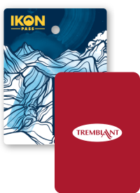 Collage of season passes, Ikon Pass creative in the back, and a Tremblant pass in front