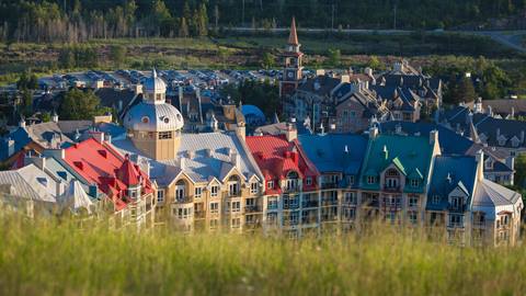 Panoramic view of the colorful Mont-Tremblant pedestrian village.