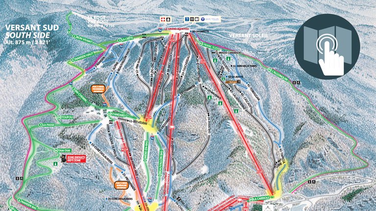 carte des pistes de ski d’hiver du tremblant ski resort illustrant le versant sud avec les remontées mécaniques, les pistes colorées et les zones de terrain de la montagne