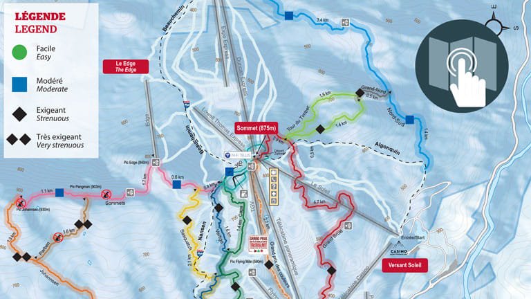 carte des pistes de ski d’hiver du tremblant ski resort montrant les sentiers et les pistes du versant soleil et du secteur le edge avec des niveaux de difficulté colorés et les altitudes du sommet
