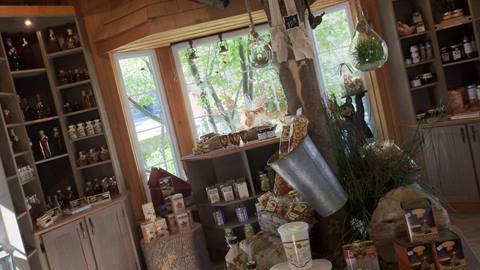 Interior of the Tremblant Sugar Shack maple syrup gift shop.