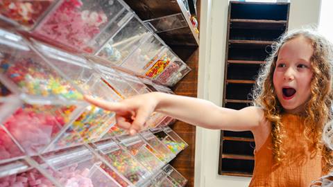 Exciting candy selection at Place Bonbon sweet shop in Tremblant.