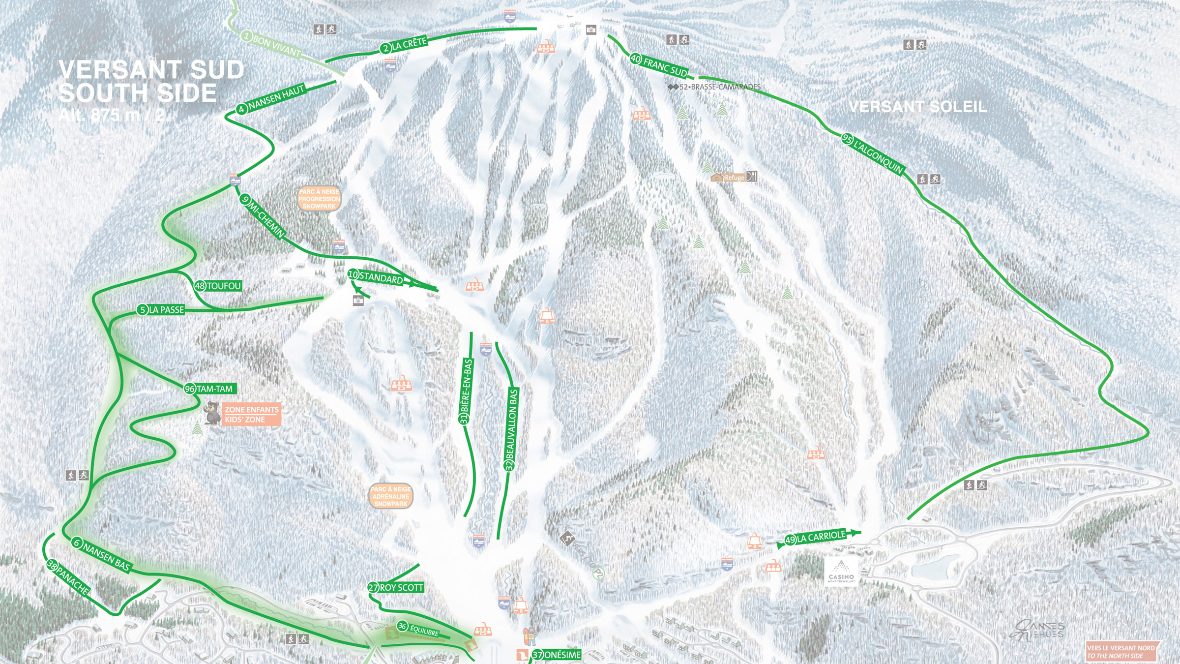 carte des pistes de ski d’hiver du mont tremblant montrant les pistes faciles en vert sur le versant sud et le versant soleil avec les remontées mécaniques et la zone enfants